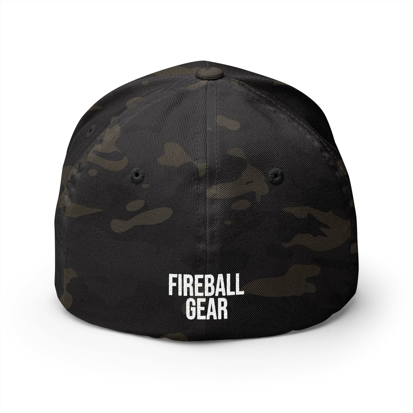 Gorra de béisbol bordada FlexFit de la serie Beast Mode - Flame & Gear - Blanca
