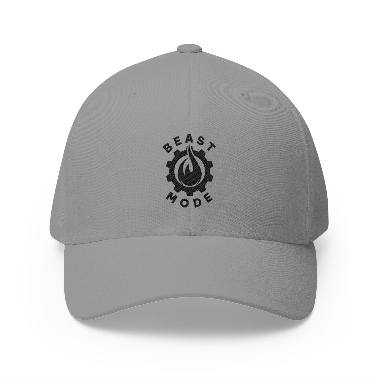 Beast Mode Series – Flame & Gear – Schwarz – FlexFit-Baseballkappe mit Stickerei