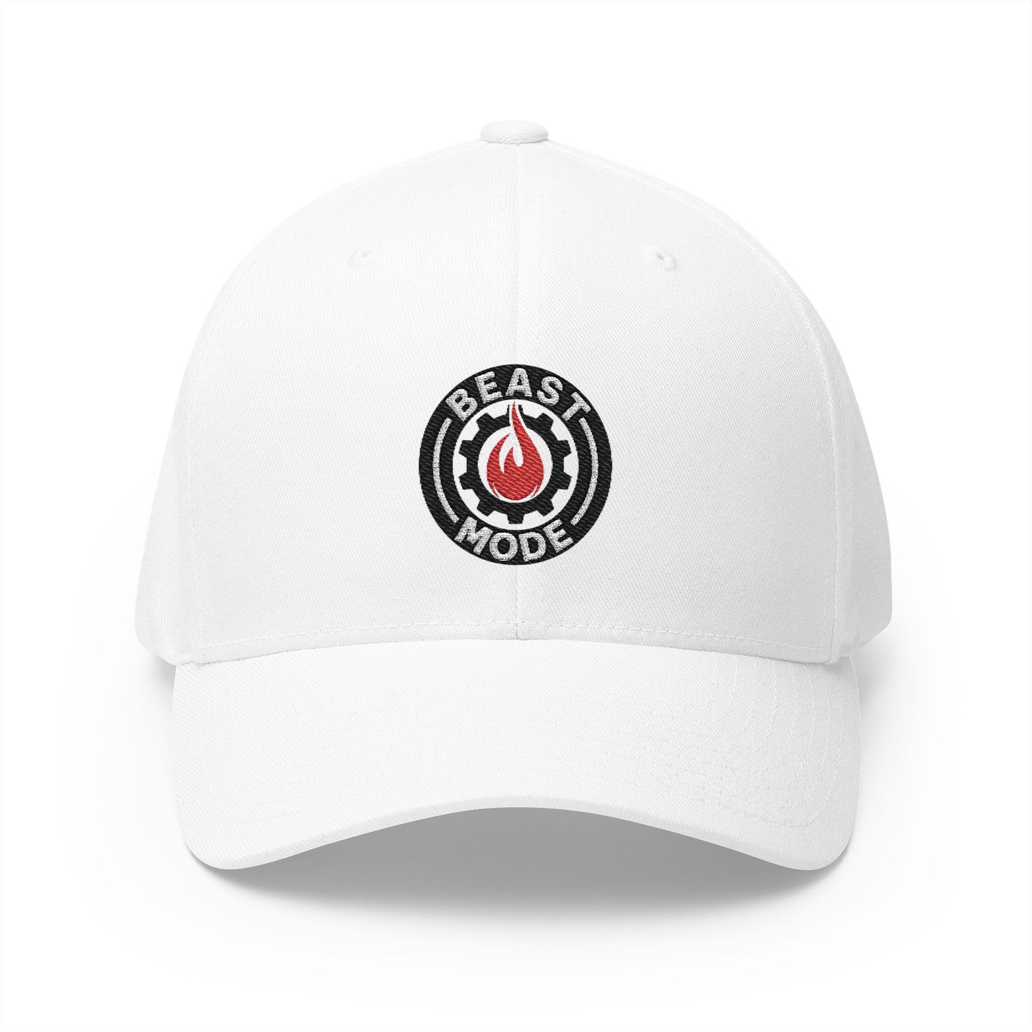Gorra de béisbol bordada FlexFit de la serie Beast Mode - Llama y círculo de engranajes