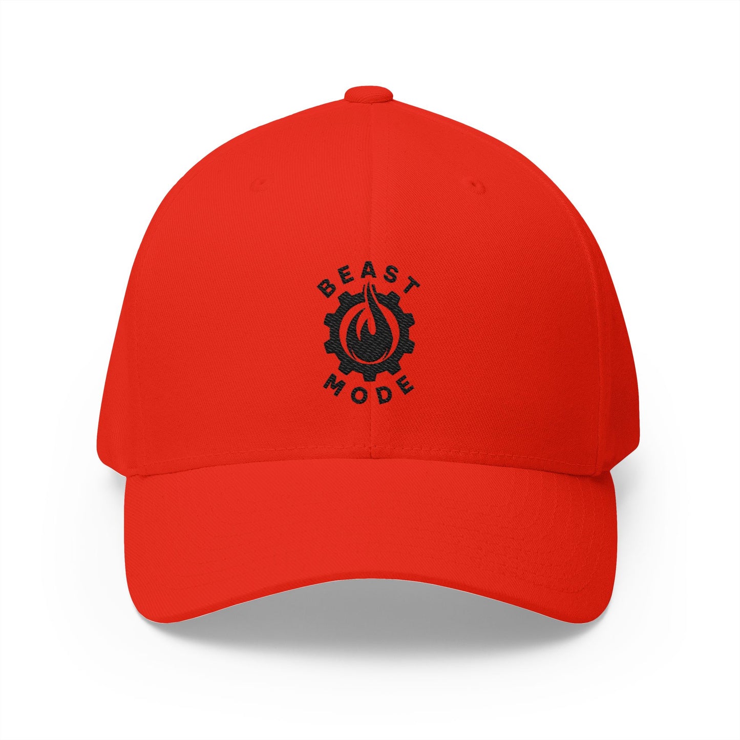 Beast Mode Series – Flame & Gear – Schwarz – FlexFit-Baseballkappe mit Stickerei
