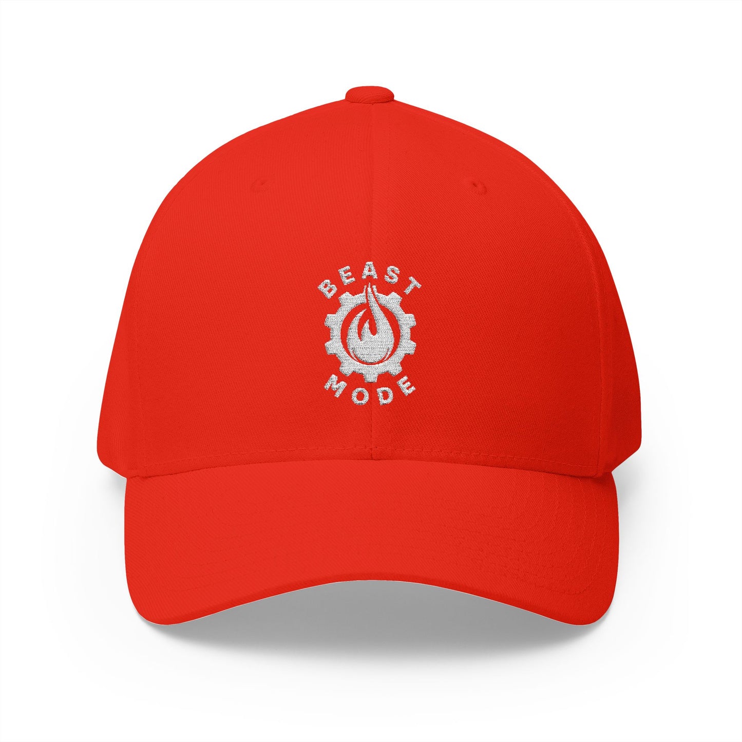 Gorra de béisbol bordada FlexFit de la serie Beast Mode - Flame & Gear - Blanca
