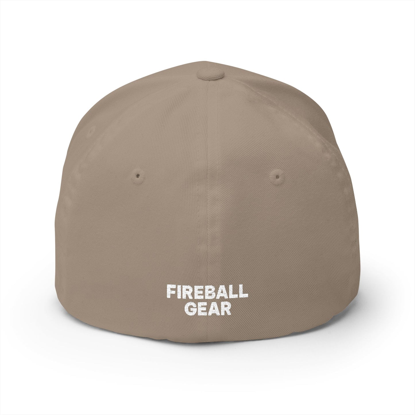 Gorra de béisbol bordada FlexFit blanca con llamas y equipo de Fireball Gear