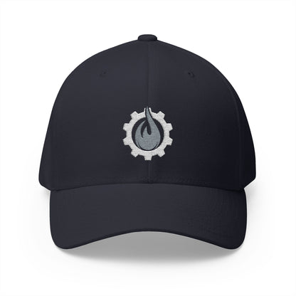 Fireball Gear - Brand Logo - Flame & Gear - Gray & White - FlexFit Cap