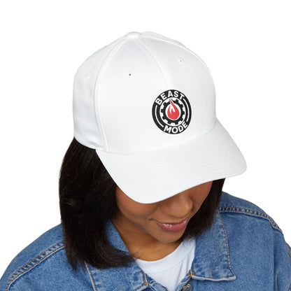 Beast Mode Series – Flame &amp; Gear Circle – FlexFit-Baseballkappe mit Stickerei