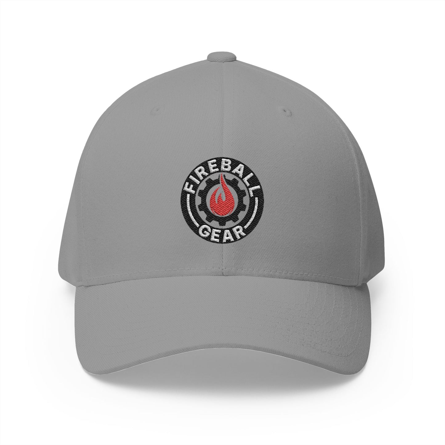 Fireball Gear - Brand Logo - Flame, Gear & Circle - Red, White & Black - FlexFit Cap