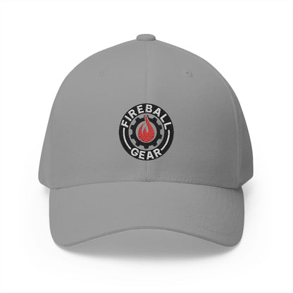 Fireball Gear - Brand Logo - Flame, Gear & Circle - Red, White & Black - FlexFit Cap