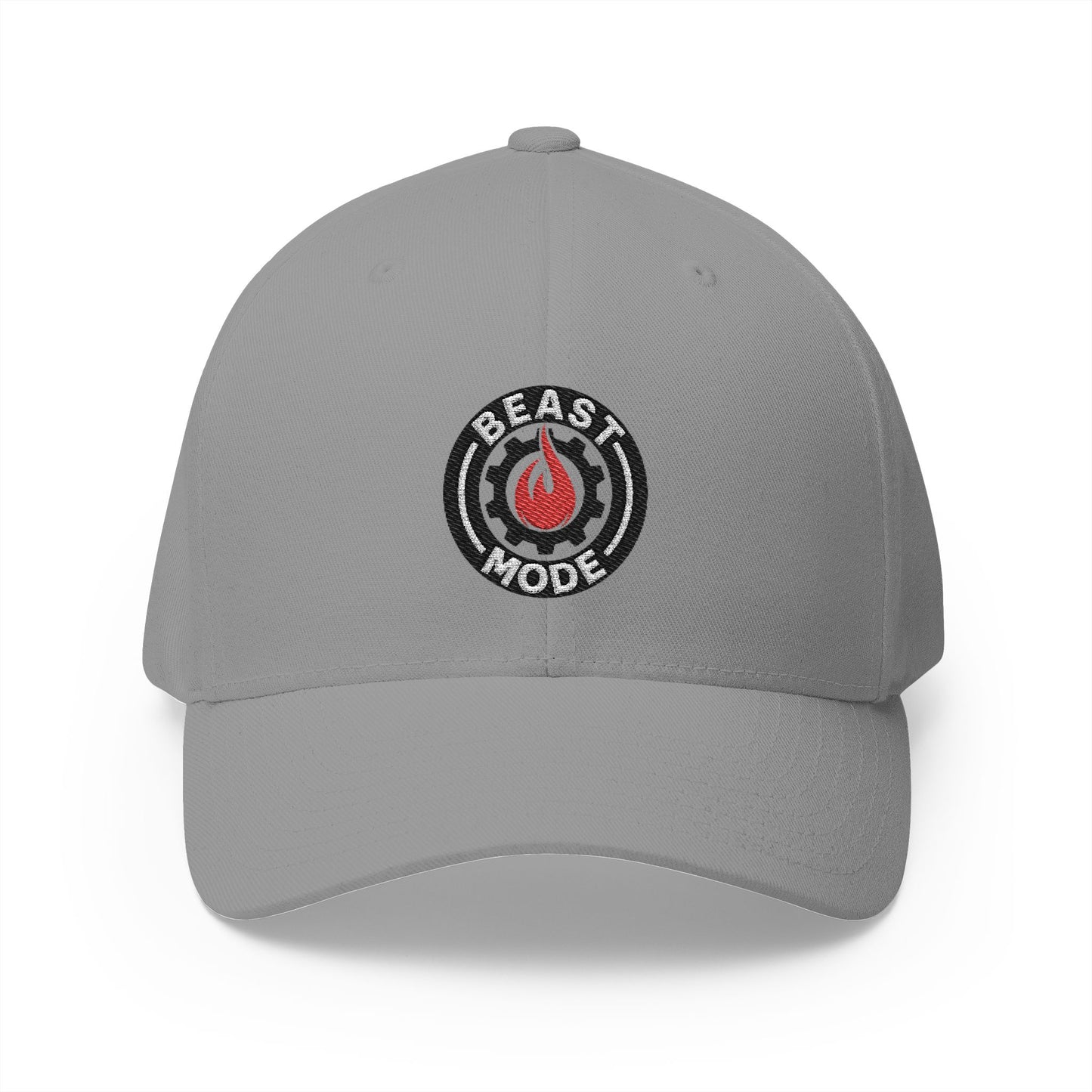 Beast Mode Series – Flame &amp; Gear Circle – FlexFit-Baseballkappe mit Stickerei