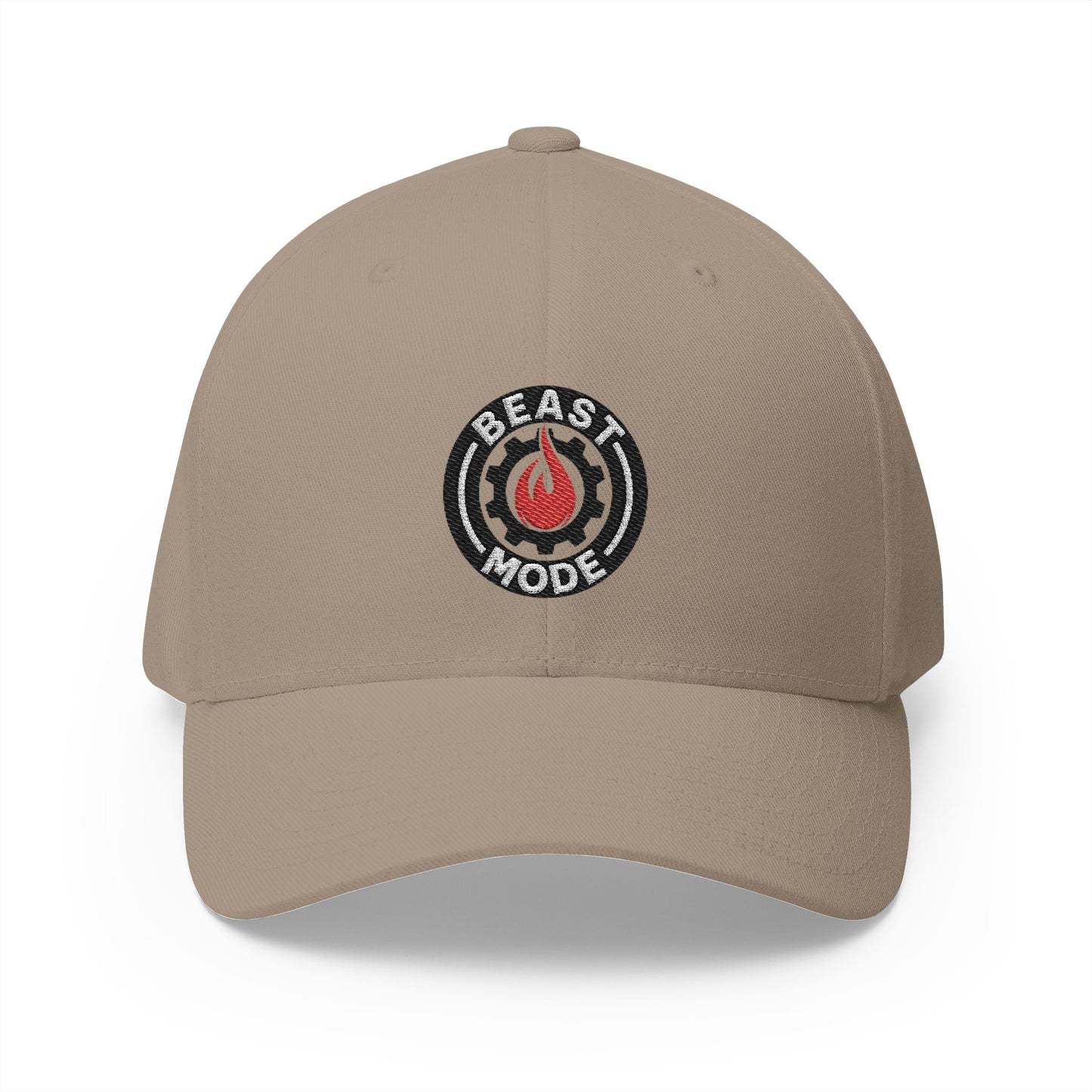 Beast Mode Series – Flame &amp; Gear Circle – FlexFit-Baseballkappe mit Stickerei