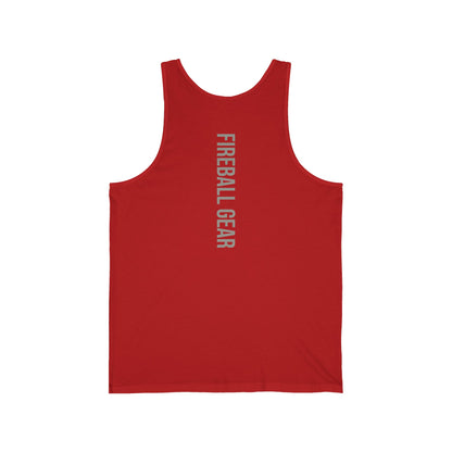 Camiseta sin mangas unisex Fireball Gear - Flame &amp; Gear - Gris y blanca