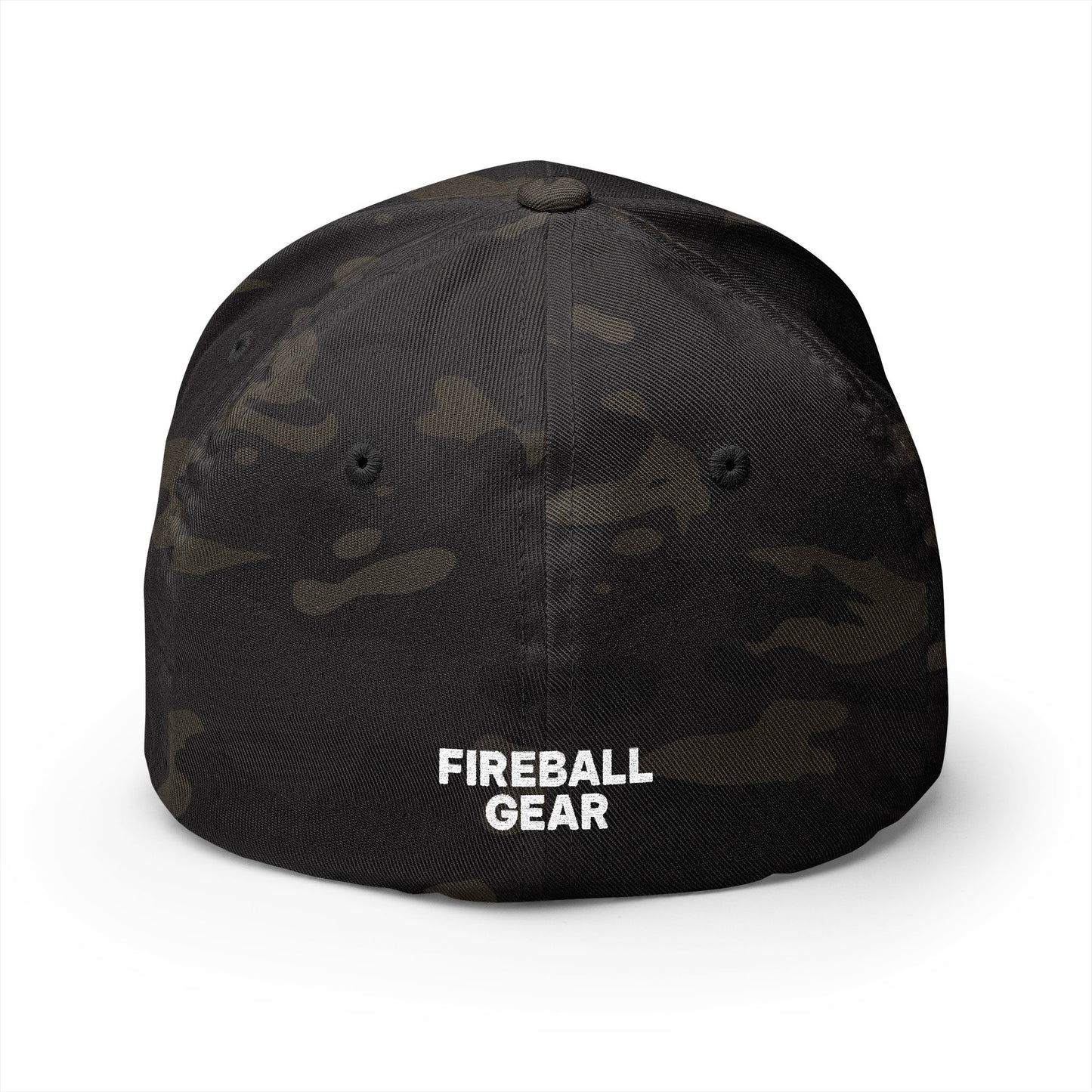 Gorra de béisbol bordada FlexFit blanca con llamas y equipo de Fireball Gear