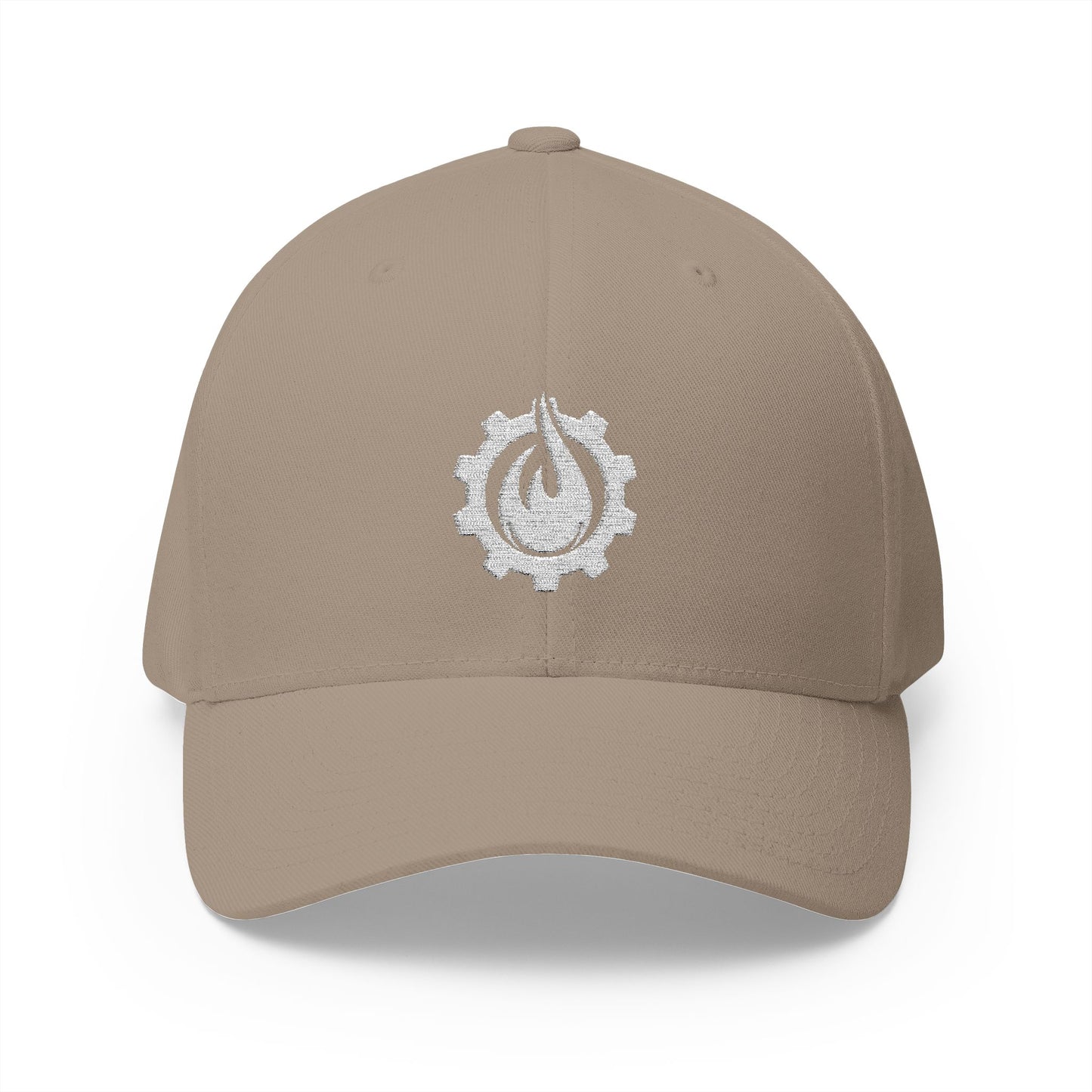 Gorra de béisbol bordada FlexFit blanca con llamas y equipo de Fireball Gear