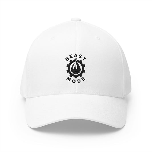 Beast Mode Series – Flame &amp; Gear – Schwarz – FlexFit-Baseballkappe mit Stickerei