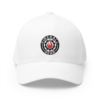 Fireball Gear - Brand Logo - Flame, Gear & Circle - Red, White & Black - FlexFit Cap