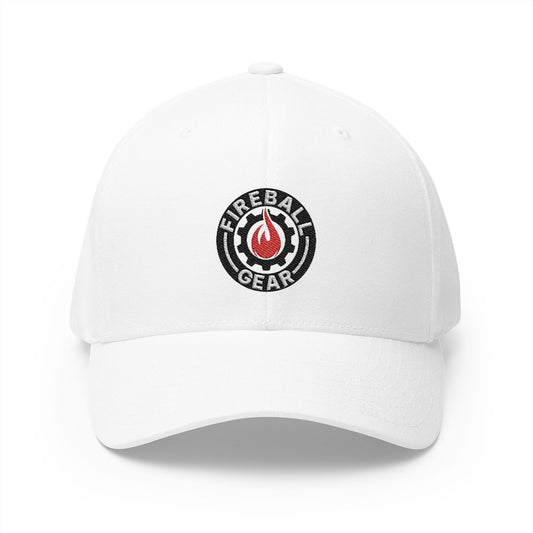 Fireball Gear - Brand Logo - Flame, Gear & Circle - Red, White & Black - FlexFit Cap