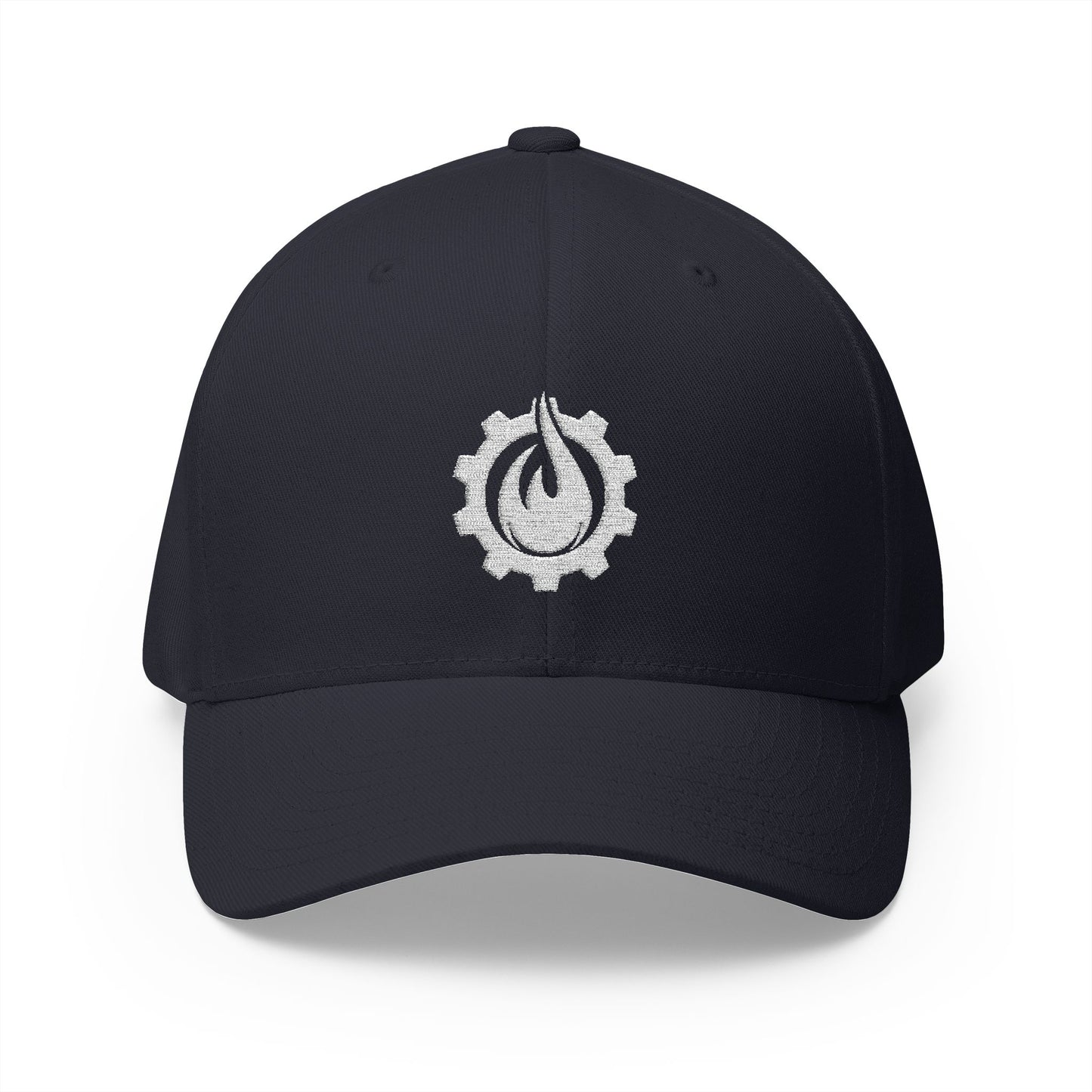 Gorra de béisbol bordada FlexFit blanca con llamas y equipo de Fireball Gear