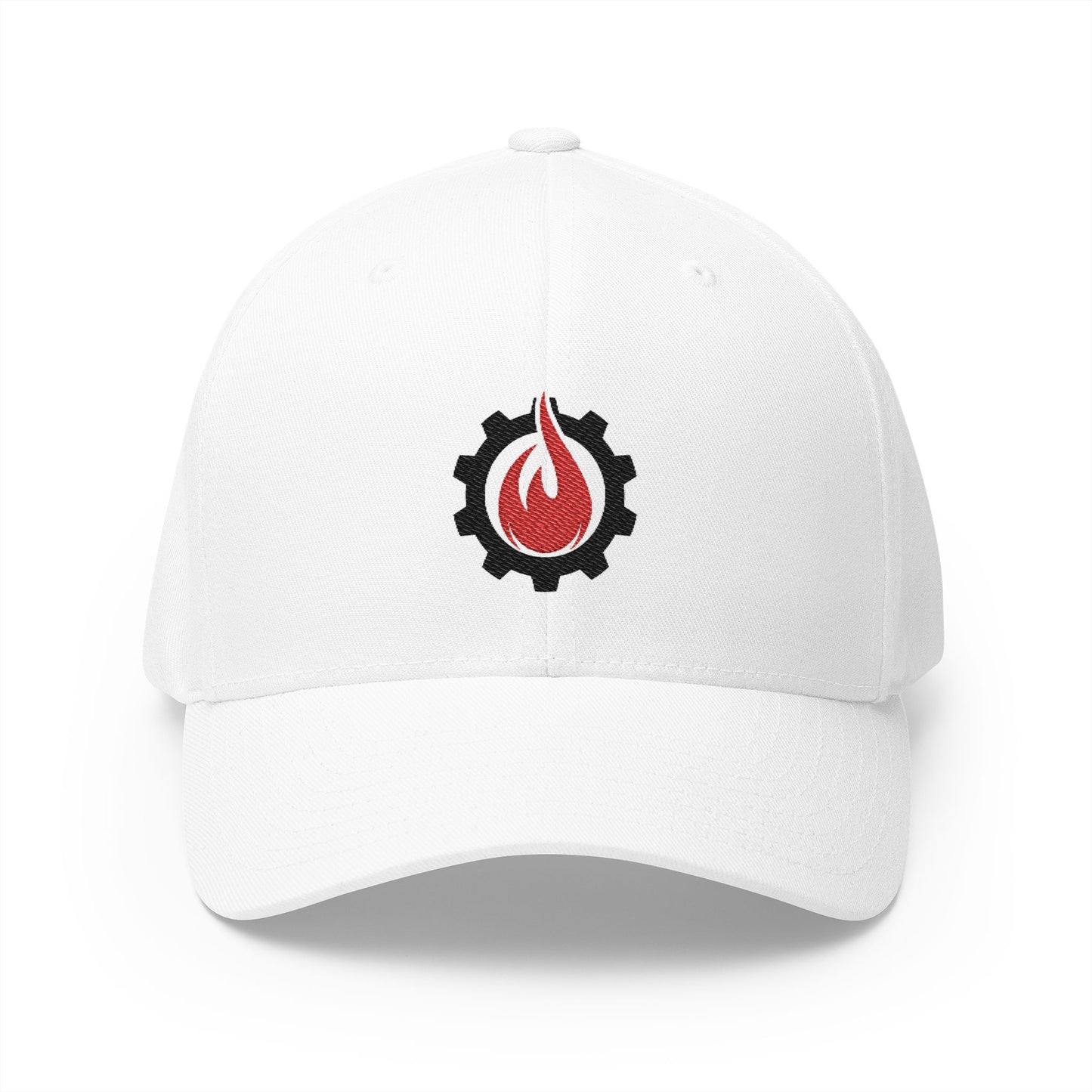 Fireball Gear – Flame &amp; Gear – Schwarz &amp; Rot – FlexFit-Baseballkappe mit Stickerei