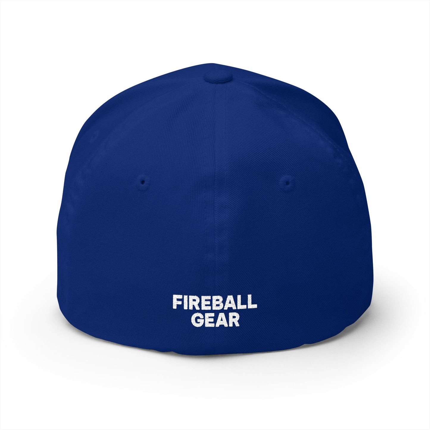 Gorra de béisbol bordada FlexFit blanca con llamas y equipo de Fireball Gear