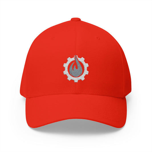 Gorra de béisbol bordada FlexFit de Fireball Gear - Flame &amp; Gear - Gris y blanca