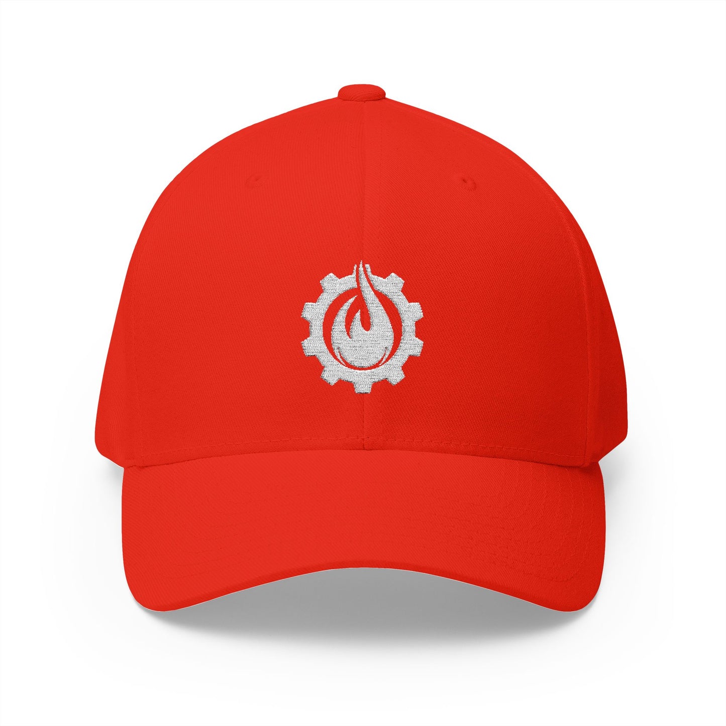 Gorra de béisbol bordada FlexFit blanca con llamas y equipo de Fireball Gear