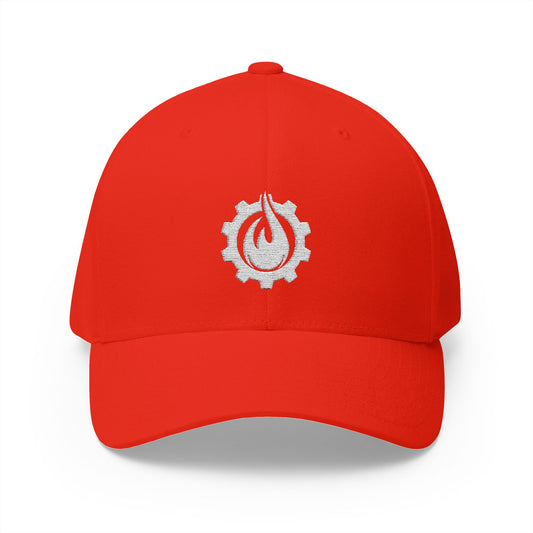 Gorra de béisbol bordada FlexFit blanca con llamas y equipo de Fireball Gear