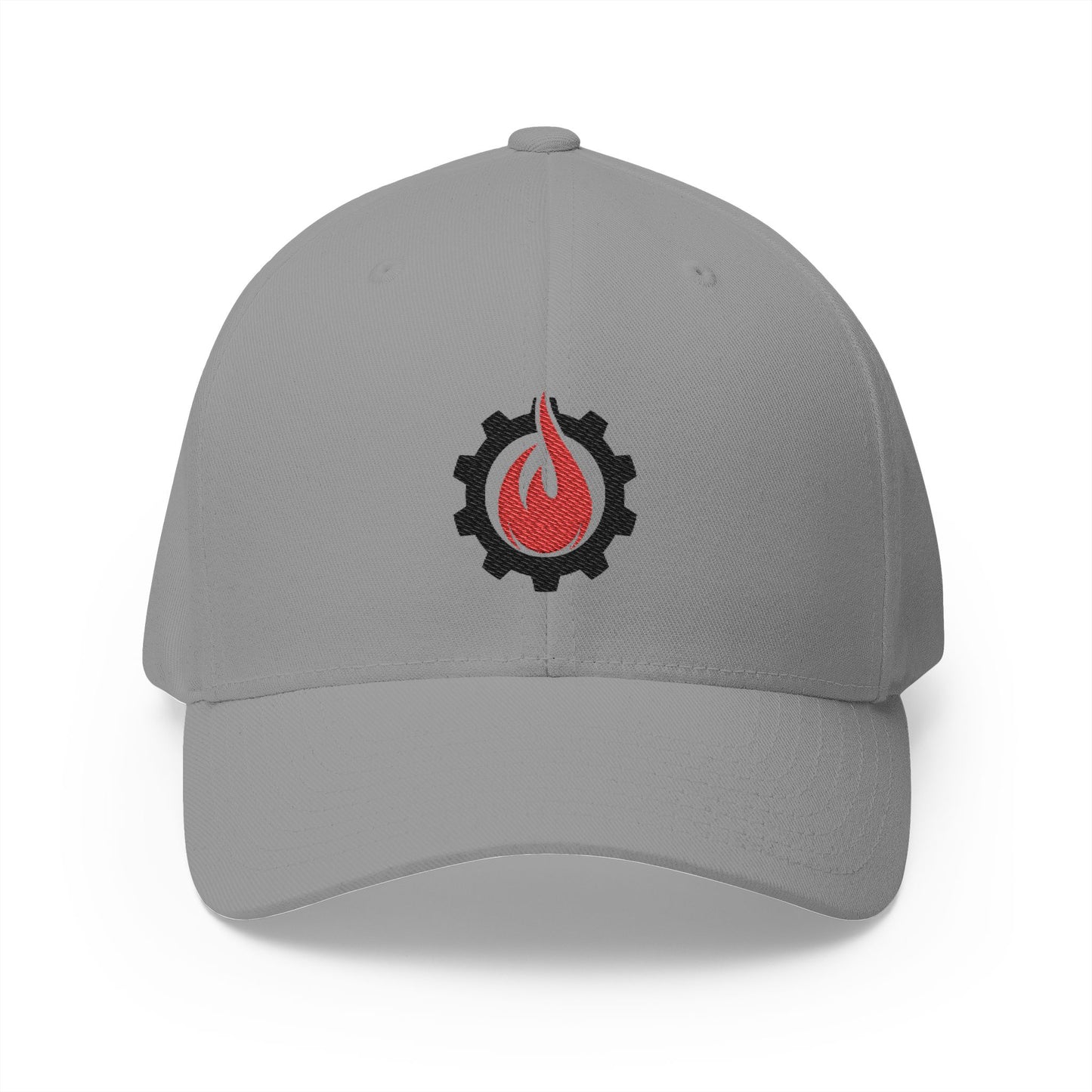 Fireball Gear – Flame &amp; Gear – Schwarz &amp; Rot – FlexFit-Baseballkappe mit Stickerei