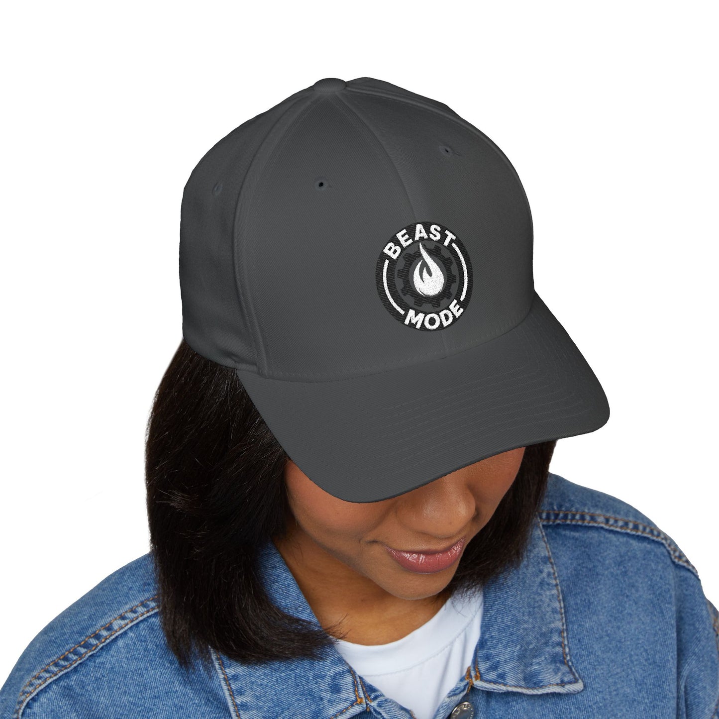 Beast Mode Series - Flame & Gear Circle - FlexFit Cap - Black & White