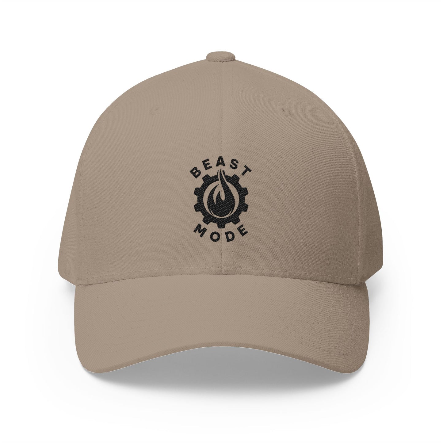 Beast Mode Series – Flame &amp; Gear – Schwarz – FlexFit-Baseballkappe mit Stickerei