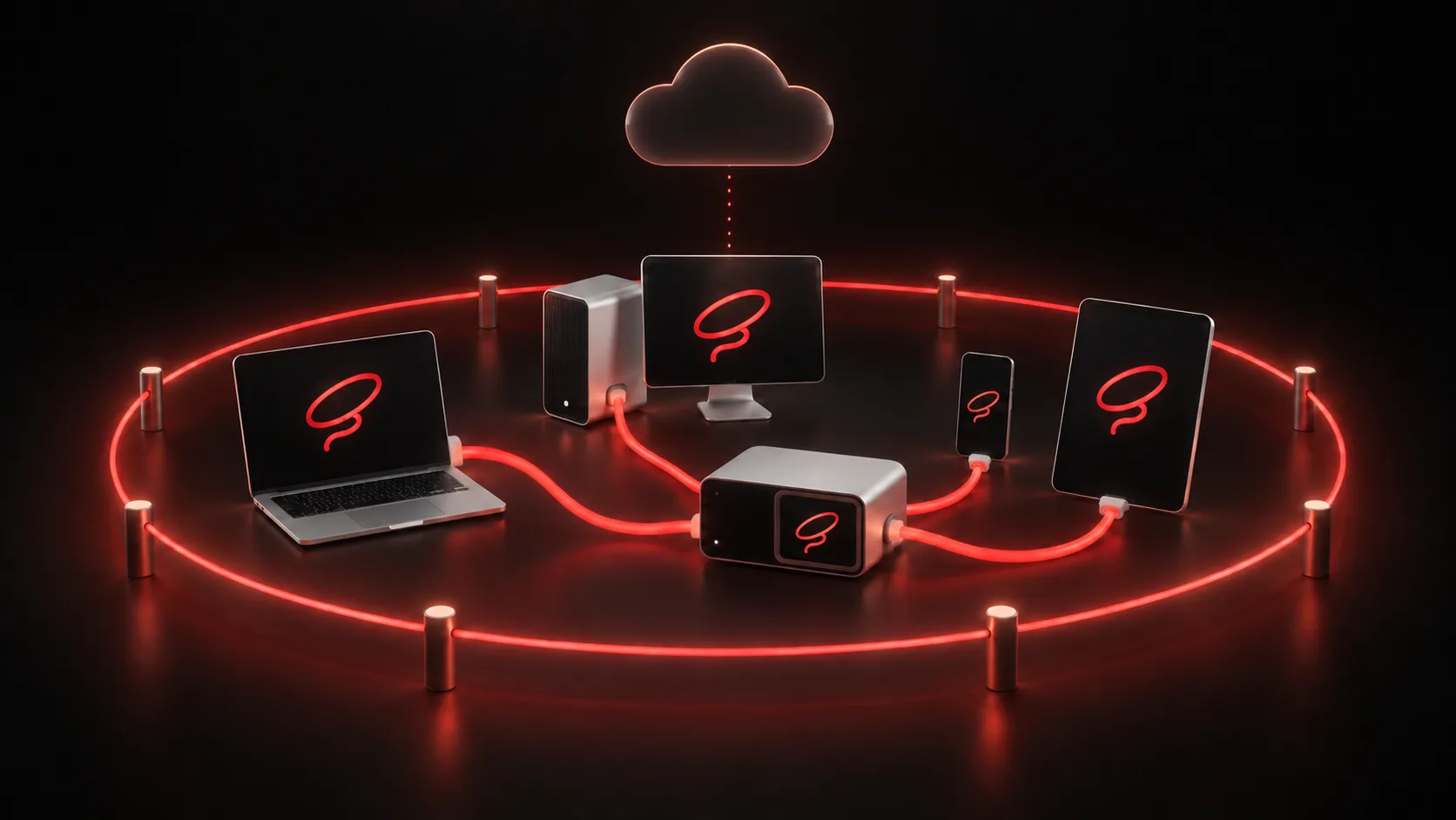 A glowing red corral fence around a laptop, desktop, home server, phone and tablet, joined to each other by glowing ribbons, with a small empty cloud above pointing the way