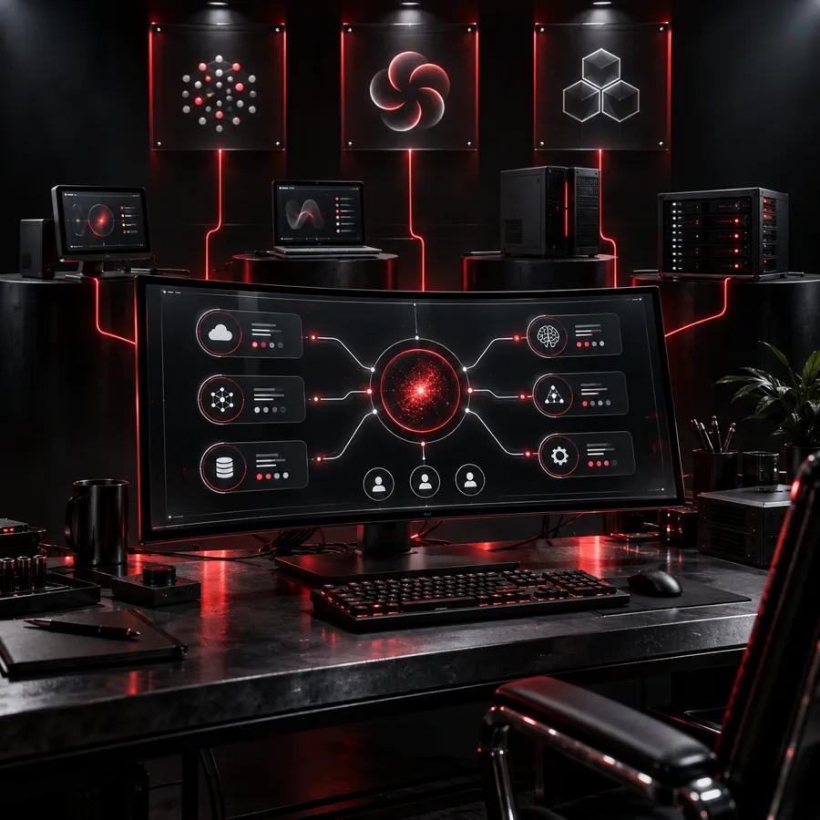 A dark studio desk with a curved monitor showing Wrangler's agent dashboard, connected to several computers